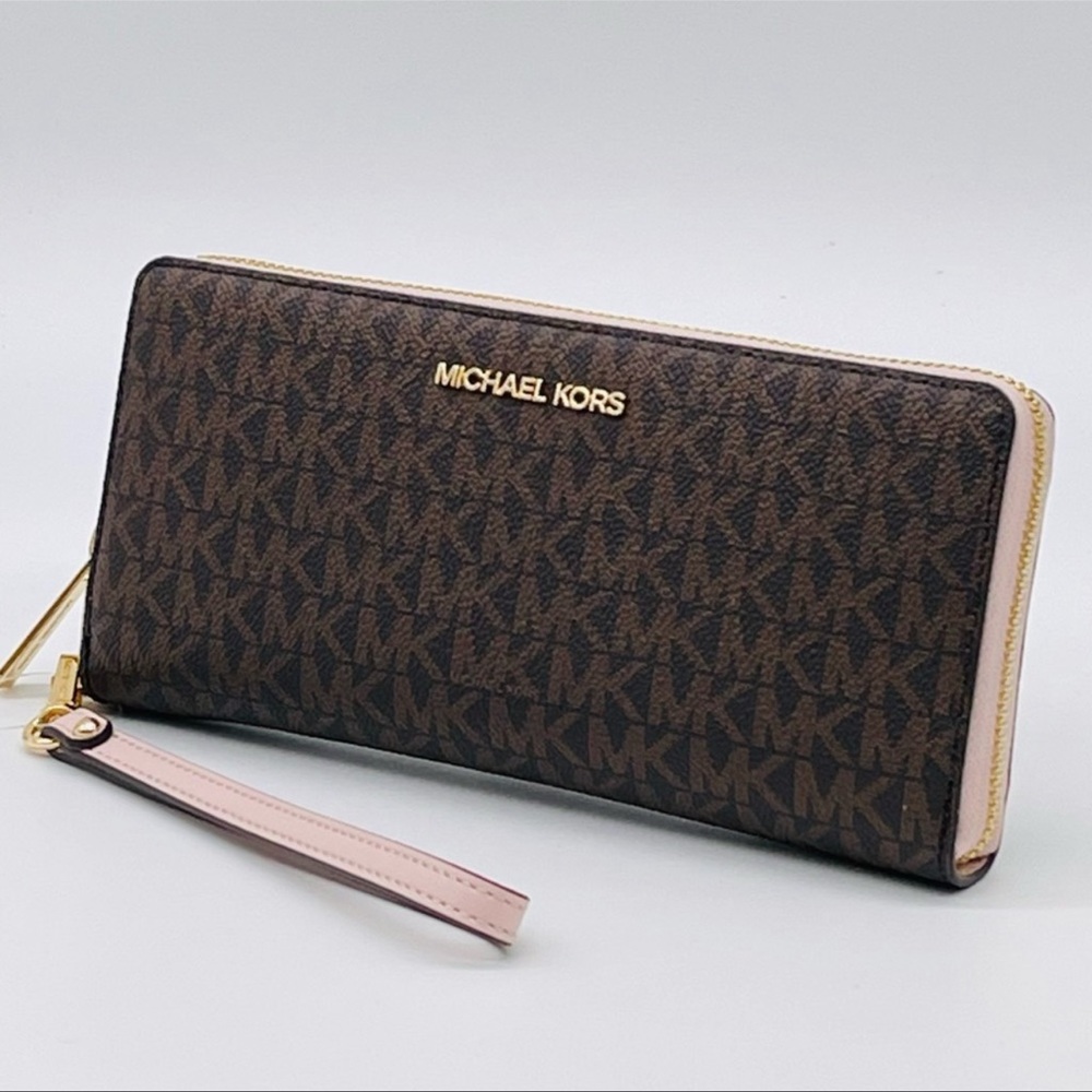 Michael Kors Large Continental Wallet Wristlet Brown/Light Pink